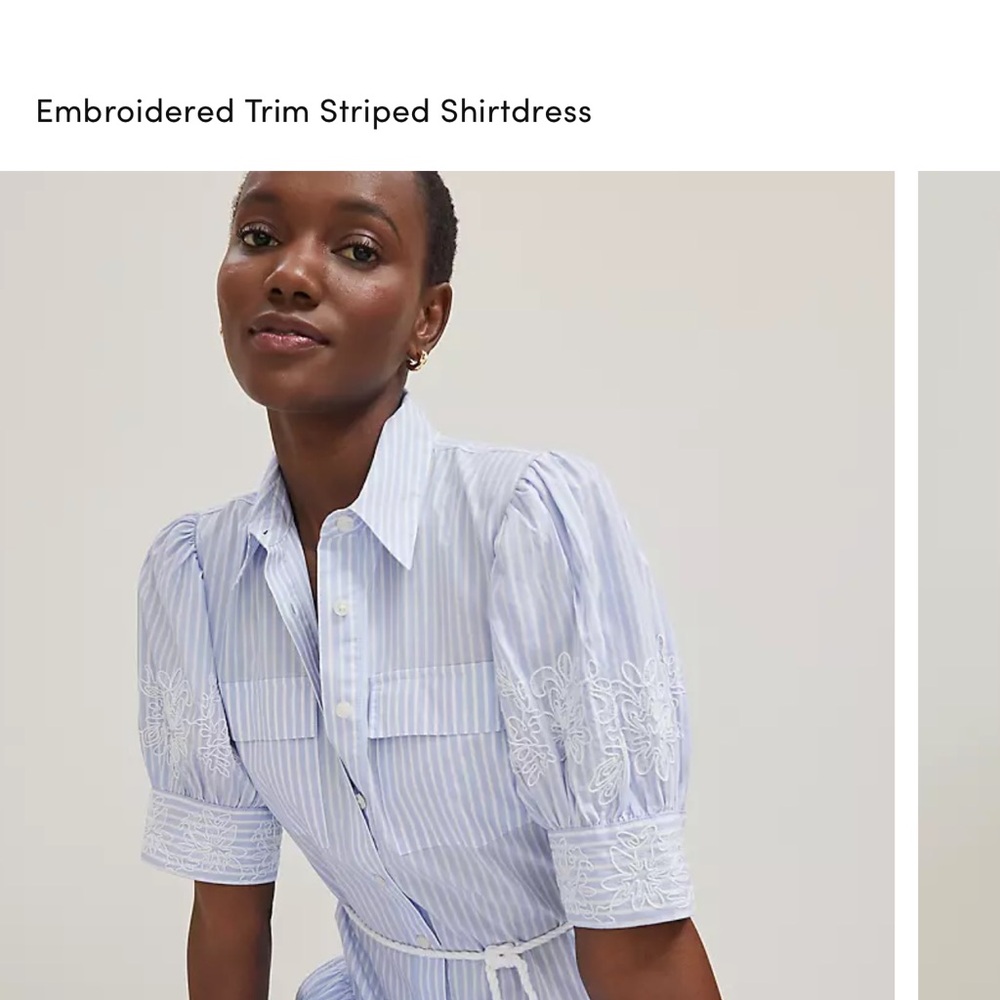 NWT Ann Taylor Embroidered Puff Sleeve Blue Striped Midi Shirtdress size 0 - Picture 3 of 8